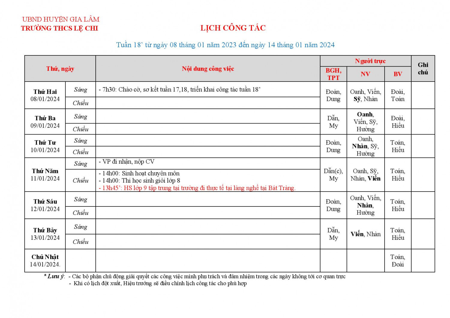 Lịch công tác Tuần 18 "Từ ngày 08/01/2024 đến ngày 14/01/2024"